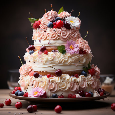 Wedding cake decorated with berries and cream. Selective focus.の素材