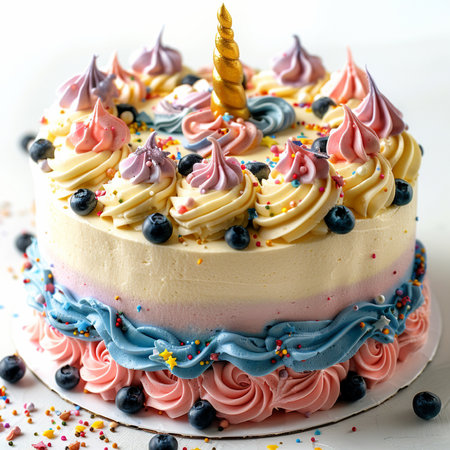 Birthday cake with blueberries and unicorn horn. Close up.の素材
