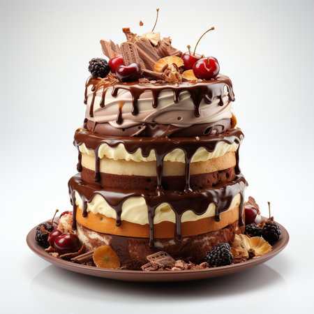Chocolate cake with cherries and chocolate glaze on white backgroundの素材
