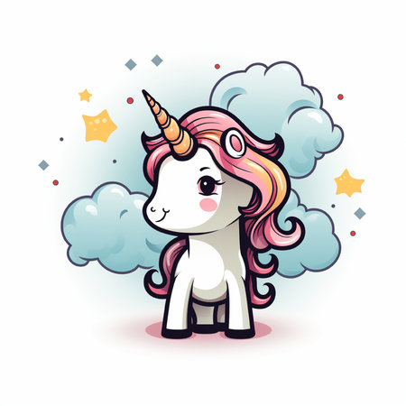 Cute unicorn with clouds and stars. Vector illustration isolated on white background.の素材
