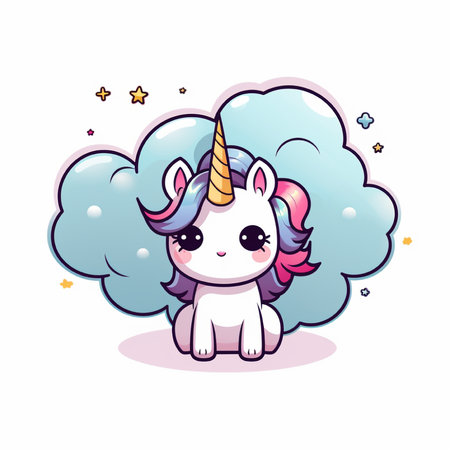 Cute unicorn with clouds and stars. Vector illustration. Cartoon style.の素材