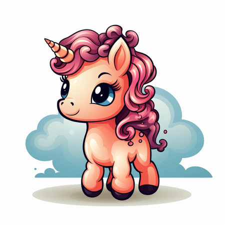 Cute cartoon unicorn with clouds on the background. Vector illustration.の素材