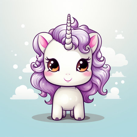 Cute unicorn with pink hair on the sky background. Vector illustrationの素材