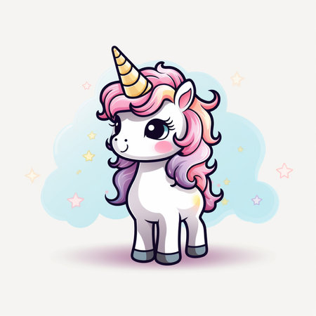 Cute cartoon unicorn with pink hair and stars. Vector illustration.の素材
