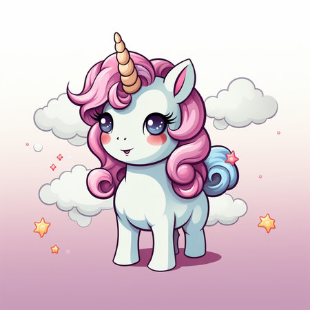 Cute cartoon unicorn with pink hair and stars. Vector illustration.の素材