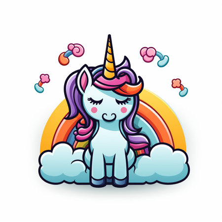 Cute unicorn with clouds and rainbow. Vector illustration in cartoon style.の素材