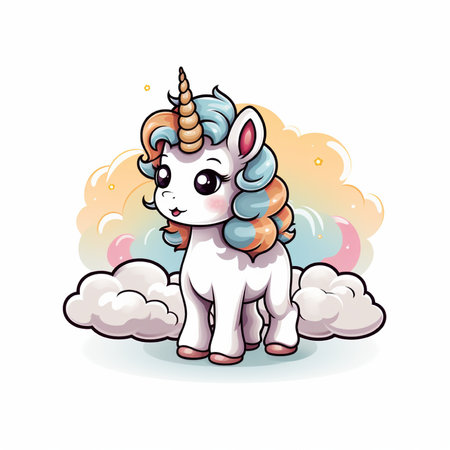Cute cartoon unicorn with rainbow horn on cloud. Vector illustration.の素材