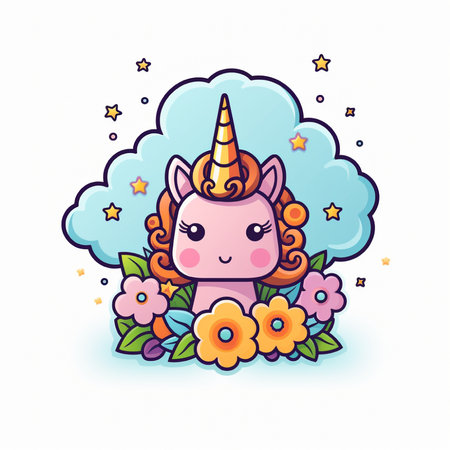 Cute unicorn with flowers and stars. Vector illustration in cartoon style.の素材