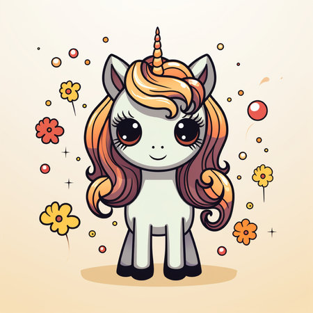 Cute cartoon unicorn with flowers. Vector illustration in doodle style.の素材