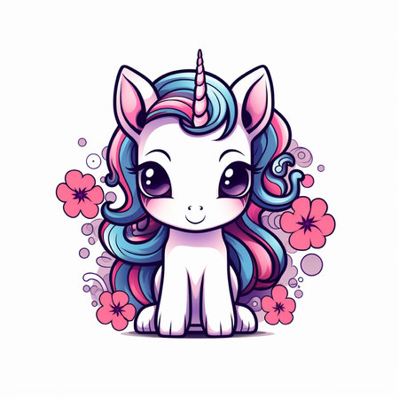 Cute cartoon unicorn with pink hair and flowers. Vector illustration.の素材