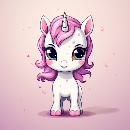 Cute cartoon unicorn with pink hair and eyes. Vector illustration.の素材