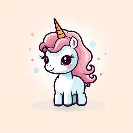 Cute cartoon unicorn with pink hair and eyes. Vector illustration.の素材