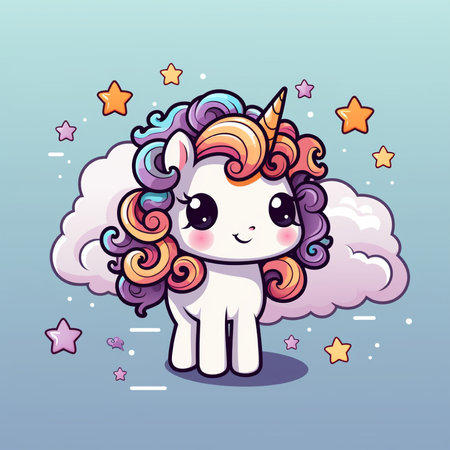 Cute cartoon unicorn with clouds, stars and stars. Vector illustration.の素材