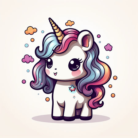 Cute cartoon unicorn with rainbow hair isolated on white background. Vector illustration.の素材