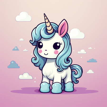 Cute cartoon unicorn with clouds. Vector illustration for your design.の素材