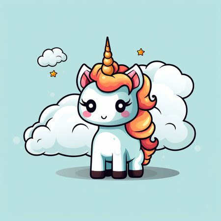 Cute cartoon unicorn with clouds and stars. Vector Illustration.の素材