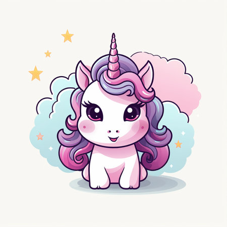 Cute cartoon unicorn with rainbow hair and stars. Vector illustration.の素材