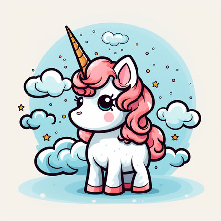 Cute cartoon unicorn with pink hair and clouds. Vector illustration.の素材