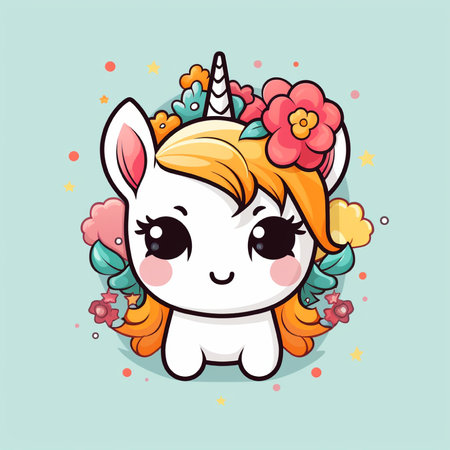Cute cartoon unicorn with flowers on its head. Vector illustration.の素材