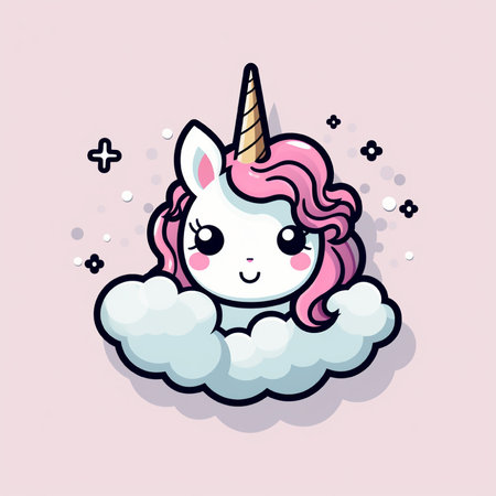 Cute cartoon unicorn on the cloud. Vector illustration in flat style.の素材