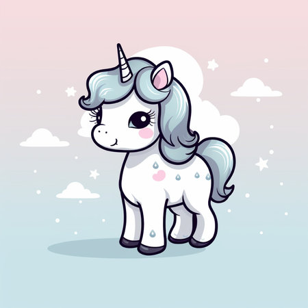 Cute cartoon unicorn with clouds and stars. Vector illustration for children.の素材