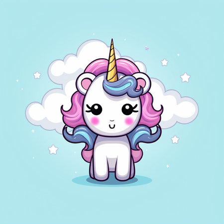 Cute cartoon unicorn with clouds and stars on a blue background.の素材