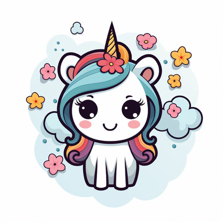Cute cartoon unicorn with flowers on white background. Vector illustration.の素材