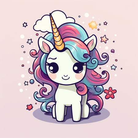 Cute cartoon unicorn with rainbow hair and stars. Vector illustration.の素材