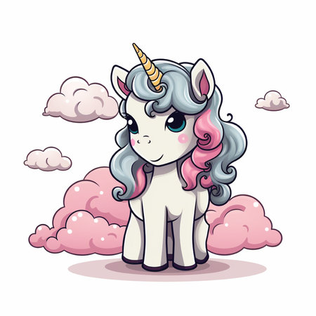 Cute little unicorn with pink hair and clouds. Vector illustration.の素材
