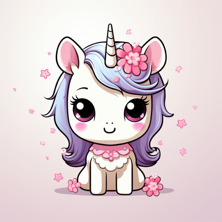Cute cartoon unicorn with flowers on her head. Vector illustration.の素材