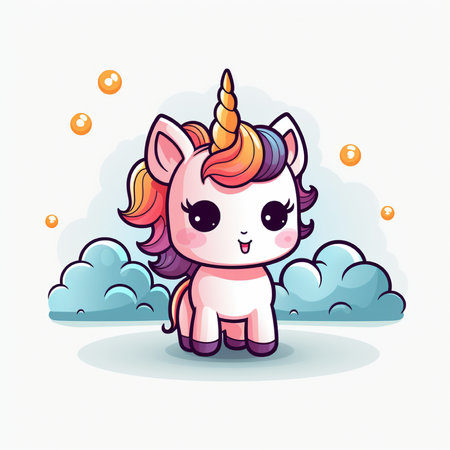Cute cartoon unicorn with clouds. Vector illustration in flat style.の素材