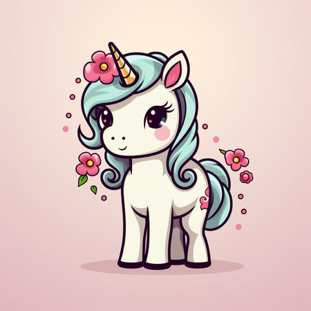 Cute cartoon unicorn with flowers. Vector illustration for your design.の素材
