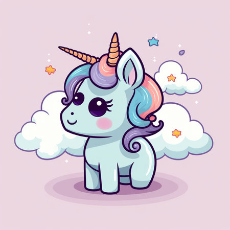Cute cartoon unicorn with clouds and stars. Vector illustration for kids design.の素材