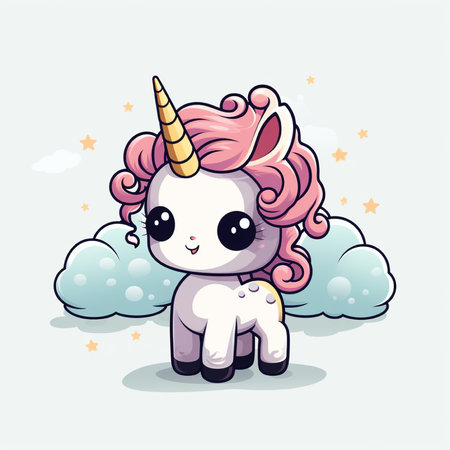 Cute cartoon unicorn sitting on the clouds. Vector illustration of a fantasy animal.の素材