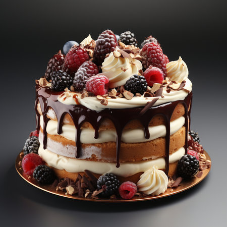 A multi-layered naked cake adorned with luscious cream, fresh raspberries, blackberries, and blueberries, finished with a rich chocolate ganache drip.の写真素材