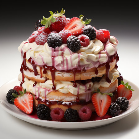 A decadent three-layer naked cake adorned with fresh strawberries, raspberries, and blackberries,...