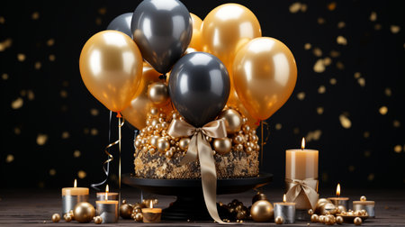 A luxurious birthday cake adorned with gold ornaments, surrounded by gold and grey balloons and lit candles, set against a dark backdrop with festive confetti.の写真素材