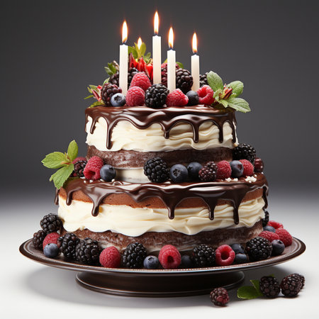 A visually appealing two-tier chocolate cake adorned with fresh berries, cream, and chocolate...