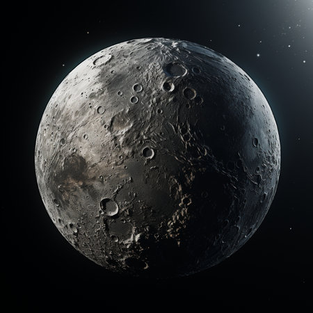 A highly detailed, close-up view of the Moon's surface, revealing intricate craters, rugged terrain,...
