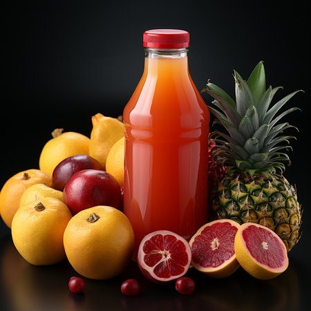 Bottle of fruit juice with fresh fruits on black background, closeupの素材