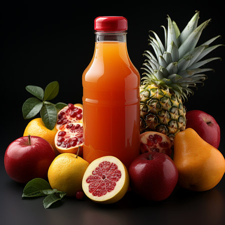 Bottle of orange juice with fresh fruits on black background, closeupの素材