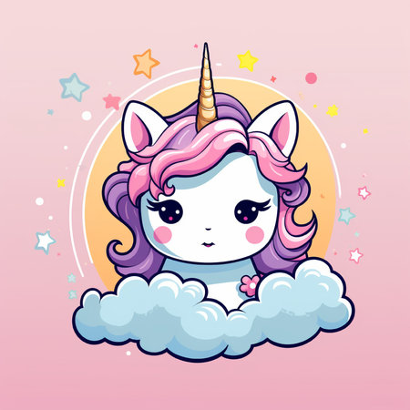 Cute unicorn with clouds and stars. Vector illustration. Cartoon style.の素材