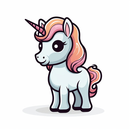 Cute cartoon unicorn with pink mane and horn. Vector illustration.の素材