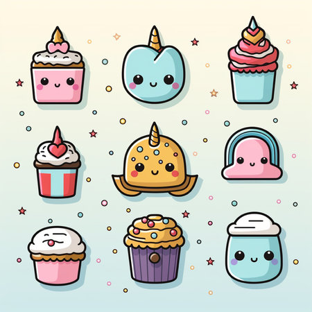 Cute kawaii unicorn, cupcake, donut and other sweets. Vector illustration.の素材