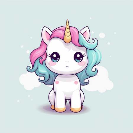 Cute cartoon unicorn with rainbow hair on blue background. Vector illustration.の素材