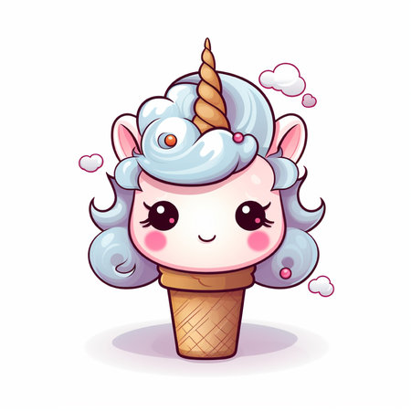 Cute unicorn ice cream in waffle cone. Vector illustration.の素材