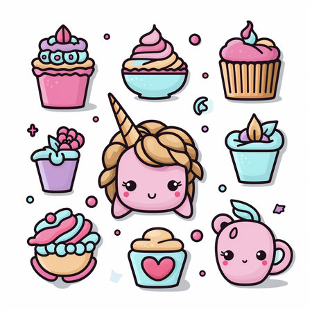 Cute cartoon ice cream and cupcakes set. Vector illustration.の素材
