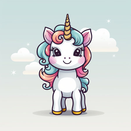 Cute cartoon unicorn with blue hair and clouds. Vector illustration.の素材