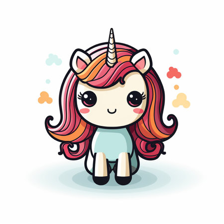Cute cartoon unicorn with pink hair. Vector illustration isolated on white background.の素材