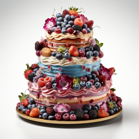 Fruit cake with berries on a white background. 3d illustrationの素材